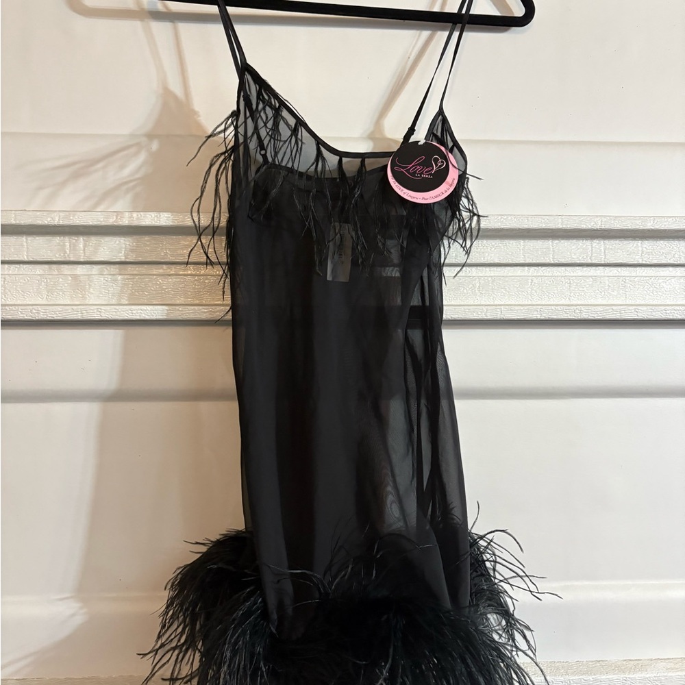 LOVE La SENZA Black Sheer Feathered Chemise babydoll lingerie